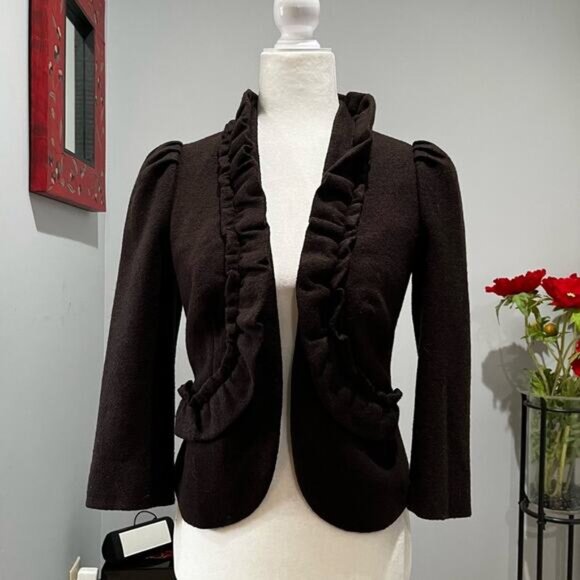 NEW ANTHRO x Elevenses Wool Tailored Ruffle Standing Double Collar Jacket 0 NWOT - Picture 2 of 16